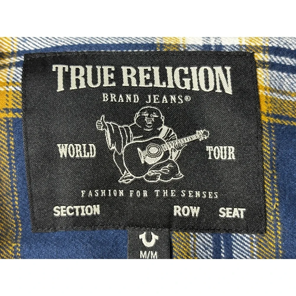 True Religion Plaid Flannel Shirt Men's M Blue Yellow Logo Streetwear Casual